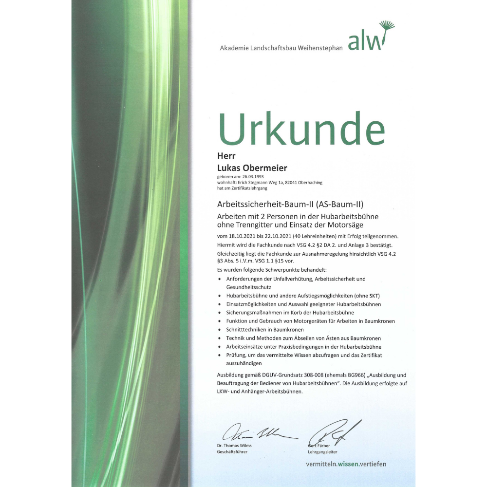 Zertifikat für sichere Baumarbeiten von Lukas Obermeier Gartenflamingo