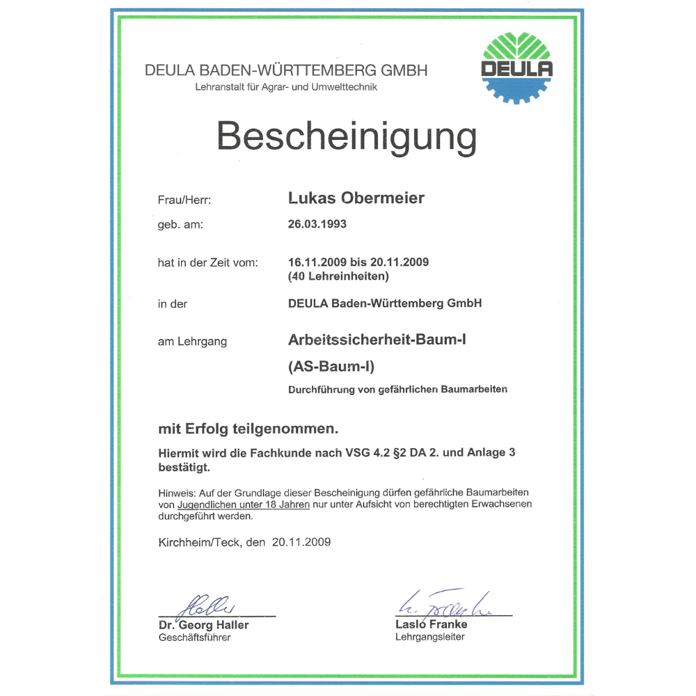 Zertifikat für professionelle Baumfällung und Baumpflege Gartenflamingo