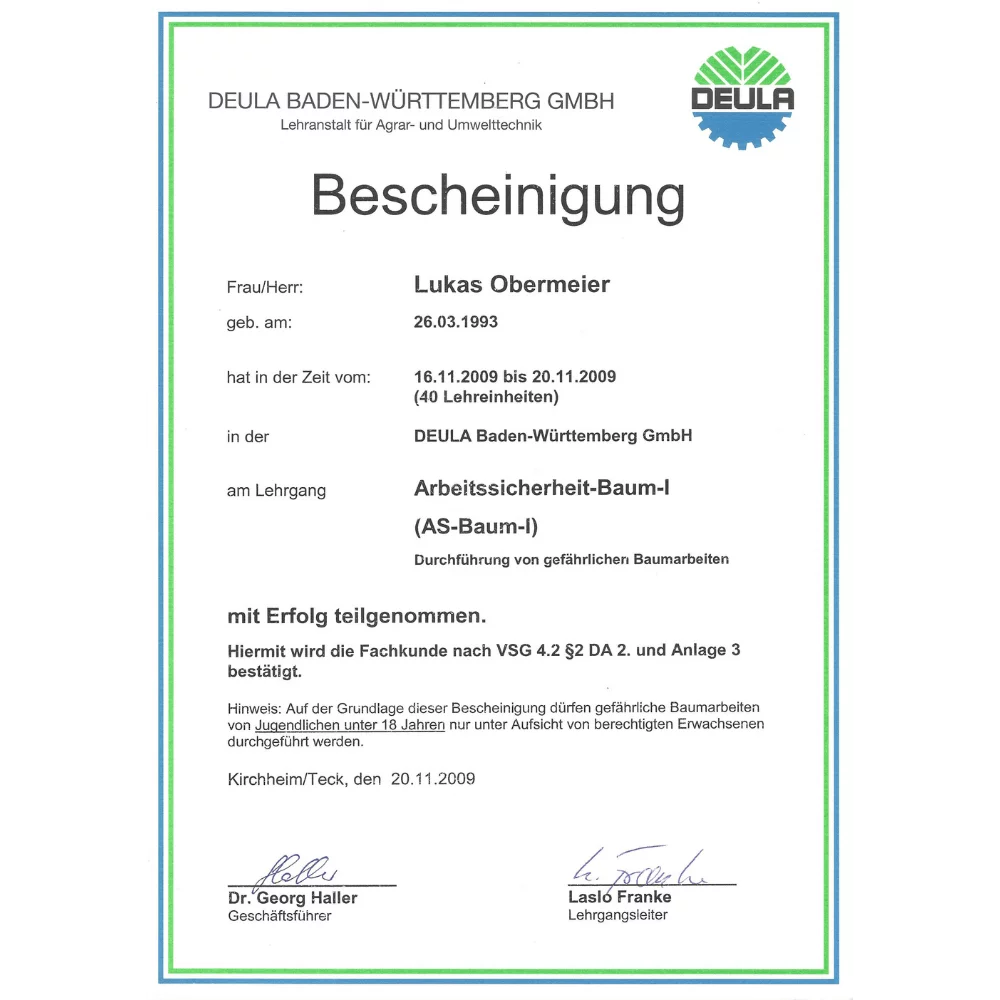 Zertifikat für professionelle Baumfällung und Baumpflege Gartenflamingo